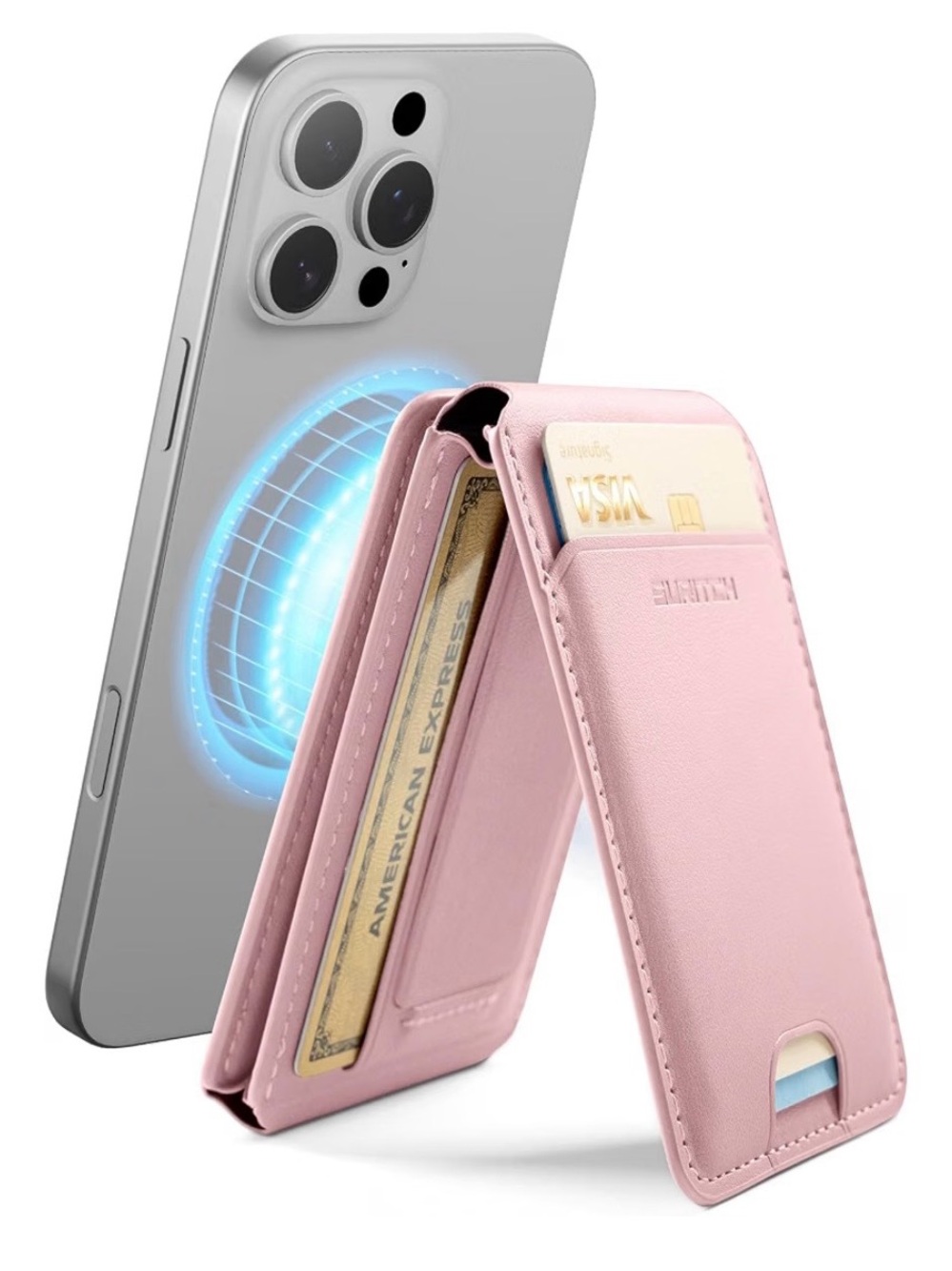 MagSafe-Compatible Pink Leather Card Holder Wallet Case